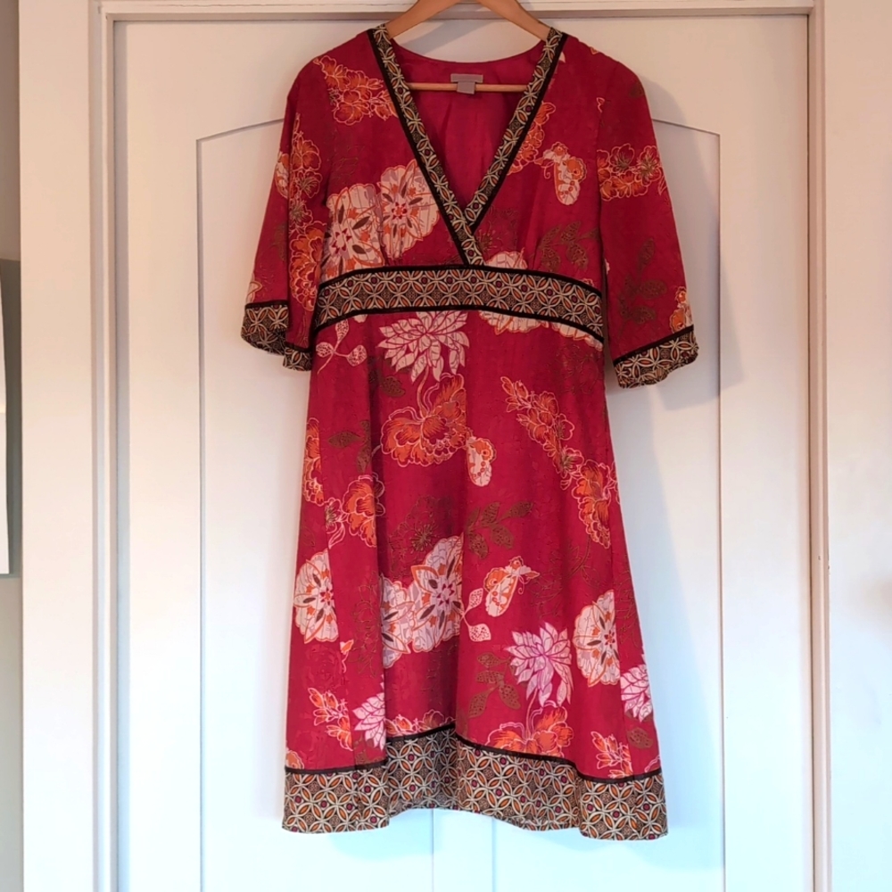 Red Pura Vida midi dress. Size 8. Brown trim.